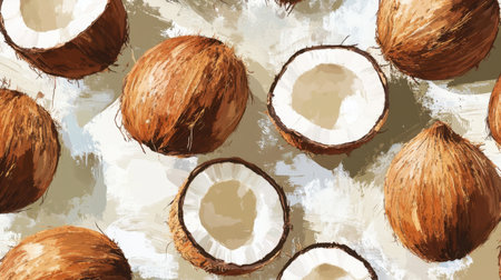 A visually appealing arrangement of whole and halved coconuts on a light textured background, perfect for culinary themes and tropical inspired designs.の素材
