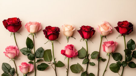 A stunning display of assorted roses in red, pink, and cream hues, elegantly arranged against a soft background, perfect for romantic themes and floral designs.の素材