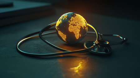 A glowing globe rests on a stethoscope, symbolizing the connection between global health and wellbeing. The design emphasizes care and unity in healthcare.の素材