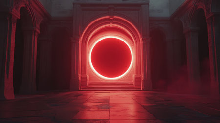 An atmospheric scene showcasing a captivating red portal framed by an ancient stone archway, casting surreal shadows across the floor, evoking mystery and intrigue.の素材
