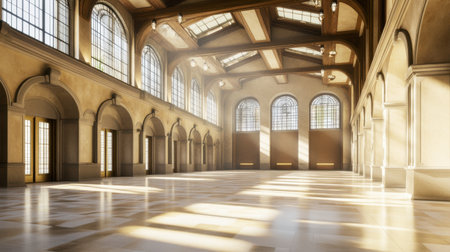 A stunning interior of an elegant hall featuring high arched windows, wooden beams, and warm sunlight casting beautiful shadows across the spacious floor.の素材