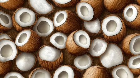 A vibrant collection of fresh coconut halves and shells showcases their unique textures against a natural background, perfect for food-related projects.の素材