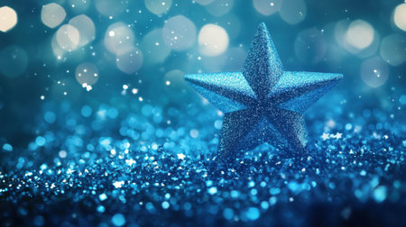 A stunning blue star sparkling against a backdrop of shimmering glitter. Perfect for holiday themes, this image evokes a festive atmosphere and a sense of celebration.の素材