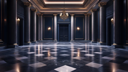 This elegant hallway features dark columns and luxurious chandeliers, showcasing refined architectural design. The marble floor reflects a dramatic atmosphere.の素材
