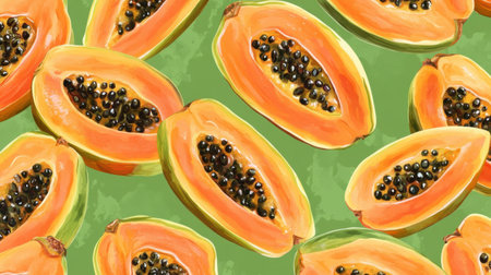 Bright and colorful illustration of papaya halves showcasing their sweet, juicy interior. Ideal for food-related content and fresh produce themes.の素材