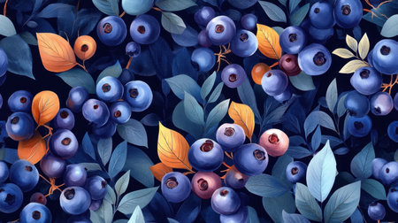 Lush and vibrant illustration of blueberries surrounded by leaves, showcasing rich colors and textures. Perfect for nature-inspired designs and backgrounds.の素材