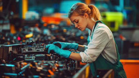 A focused young woman with gloves skillfully repairs electronic components in a bustling workshop. She embodies professionalism and dedication in her craft.の素材