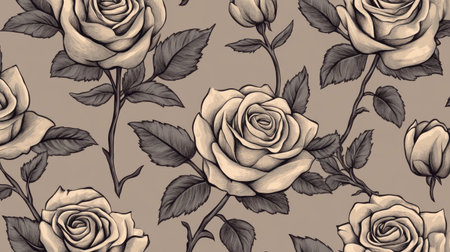 This vintage floral pattern features elegant roses on a neutral background. Ideal for wallpaper and decor projects, conveying a classy and timeless aesthetic.の素材