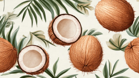 A stunning illustration of coconuts arranged artistically on a soft green background. This vibrant design showcases tropical elements, perfect for various creative projects.の素材