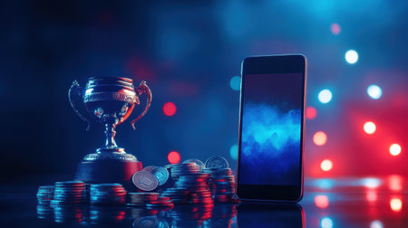 A classic trophy sits beside a sleek smartphone, surrounded by stacks of coins. The vibrant blue and red bokeh background adds a dramatic flair, symbolizing achievement and technology.の素材