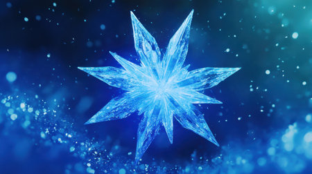 A mesmerizing blue ice crystal star radiates beauty with its sparkling effects. Perfect for winter-themed designs, artwork, or backgrounds.の素材