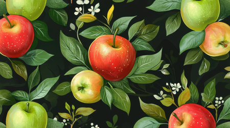 This vibrant pattern features a mix of green and red apples surrounded by lush leaves, creating a charming and organic aesthetic perfect for various designs.の素材