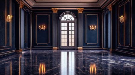 A stunning empty room featuring dark blue walls, a marble floor, and golden accents. Perfect for showcasing elegance and luxury in interior design.の素材