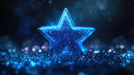 Vibrant blue star with glittering elements shines against a sparkling background. Perfect for creative projects, celebrations, or fantasy themes.の素材