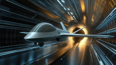 A sleek futuristic drone propelling through a high-tech tunnel, showcasing innovation in aerospace design. The environment reflects advanced technology and speed.の素材