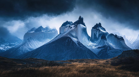Stunning view of majestic mountain peaks under a dramatic stormy sky, showcasing nature's raw beauty and rugged terrain in a serene wilderness setting.の素材