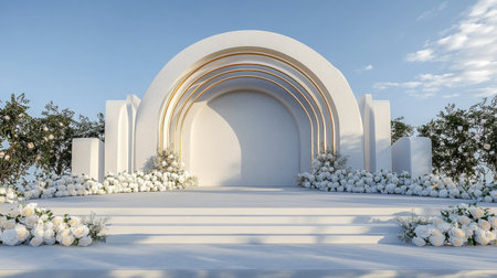 An elegant white wedding stage featuring floral arrangements and an arched design, perfect for outdoor ceremonies and celebrations. The serene atmosphere enhances the beauty of the event.の素材