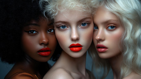 This stunning portrait features three women of different backgrounds displaying vibrant red lips and unique beauty. Their striking expressions showcase bold individuality and confidence.の素材