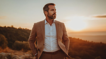 A handsome man in a stylish suit stands outdoors at sunset, gazing thoughtfully into the distance. The serene landscape features beautiful warm colors and a tranquil atmosphere.の素材