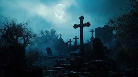 A haunting graveyard scene at night, illuminated by a full moon, surrounded by fog and shadows. The atmosphere evokes mystery and eerie tranquility.の素材