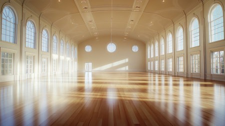 A spacious and bright empty hall featuring a polished wooden floor and large windows. The soft sunlight casts gentle shadows, creating a serene atmosphere ideal for events or activities.の素材