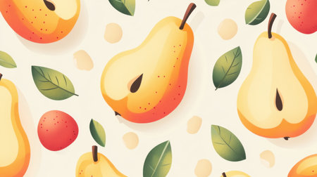 A vibrant and cheerful pattern featuring pears and apples surrounded by green leaves on a soft cream background. Perfect for food-related themes.の素材