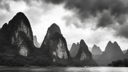 Breathtaking black and white photograph of majestic karst mountains under dramatic clouds, showcasing the serene beauty of nature's rock formations along a tranquil river.の素材