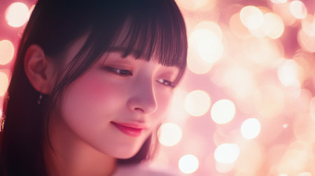A captivating close-up portrait of a woman surrounded by soft bokeh lights, evoking a sense of tranquility and beauty. Perfect for lifestyle and artistic themes.の素材