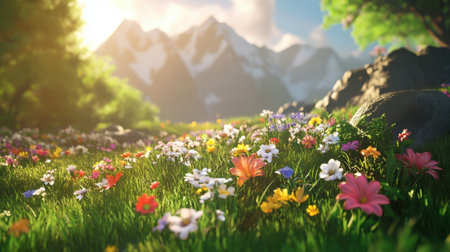 A stunning view of a vibrant flower meadow in the foreground with majestic mountains rising in the background, evoking a sense of tranquility and natural beauty.の素材