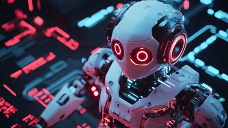A futuristic robot with glowing eyes stands against a high-tech circuitry background. This captivating scene highlights modern robotics and digital innovation.の素材