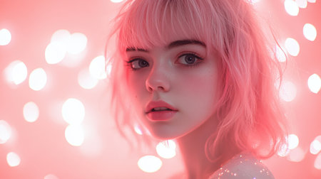 Captivating portrait of a young woman with pink hair illuminated by soft lights. The dreamy atmosphere creates a serene and artistic vibe, emphasizing beauty.の素材