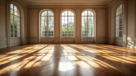 A spacious and bright empty room featuring large windows that invite natural light and create beautiful shadows across the polished wooden floor.の素材