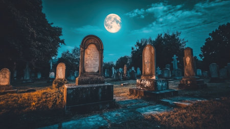 A haunting graveyard scene illuminated by a bright full moon. Shadows stretch over ancient tombstones, creating an eerie yet tranquil atmosphere. Perfect for horror themes.の素材