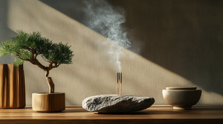 A beautifully arranged still life featuring incense with delicate smoke, a striking stone base, and a bonsai tree, evoking tranquility and serenity in a minimalistic indoor setting.の素材