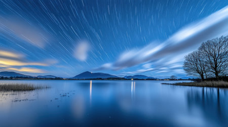 This stunning night landscape captures the beauty of star trails over calm water, framed by distant mountains and wispy clouds, creating a serene atmosphere.の素材