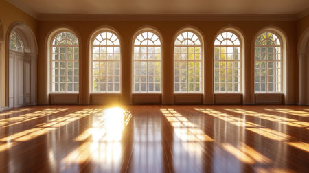 A bright and spacious room featuring large windows that illuminate a polished wooden floor. The warm autumn hues create a serene and inviting atmosphere, ideal for various interior design uses.の素材