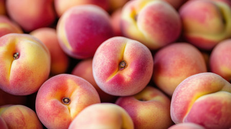 A close-up view of fresh juicy peaches stacked together, showcasing their vibrant colors and smooth textures. Ideal for food-related themes.の素材