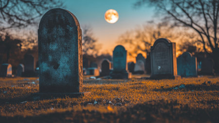 A tranquil cemetery scene captured at twilight, with a full moon illuminating intricate gravestones. The atmosphere evokes mystery and serenity.の素材