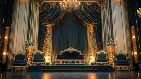Stunning luxurious stage setting featuring golden accents, elegant curtains, and beautiful lighting, perfect for events, performances, or photography sessions.の素材