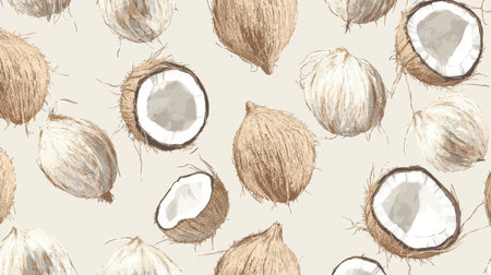 This stunning pattern features whole and halved coconut shells on a light background, perfect for textile designs, wallpapers, or art projects, evoking tropical vibes.の素材