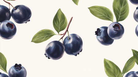 A vibrant pattern featuring blueberries and green leaves against a soft cream background, perfect for kitchen decor, packaging design, or culinary themes.の素材