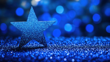 A shimmering blue star stands out against a glittering background filled with bokeh lights, creating a magical and festive atmosphere perfect for decorations or celebrations.の素材