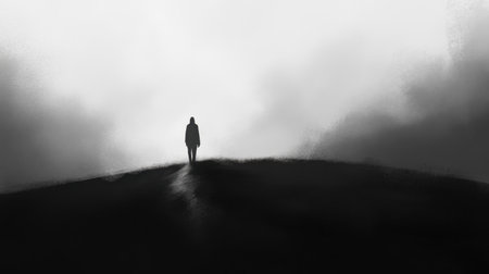 A solitary figure traverses a fog-covered hillside, evoking a sense of mystery and introspection. The image captures the essence of solitude and nature's beauty.の素材