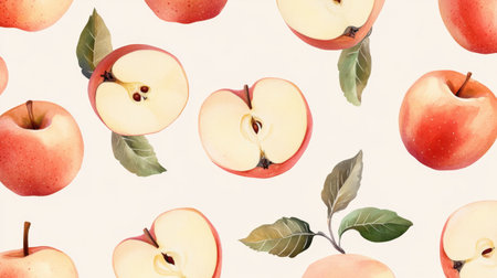 Bright and vibrant red apples with slices and green leaves create a fresh pattern on a cream background. Perfect for food-related designs and illustrations.の素材