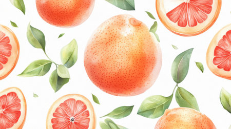 This vibrant watercolor illustration features grapefruit slices and whole fruits surrounded by green leaves, creating a lively and fresh pattern perfect for kitchen decor or food-related projects.の素材