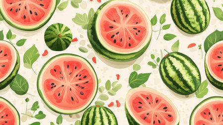A vibrant and colorful illustration featuring fresh watermelon slices and whole fruits among green leaves, perfect for summer-themed designs or food-related projects.の素材