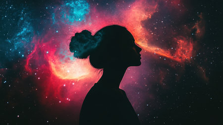 A captivating silhouette of a woman against a vibrant cosmic background filled with stars and colorful nebulae, evoking emotions of imagination and tranquility.の素材