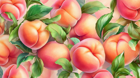 A stunning detailed illustration of ripe peaches surrounded by lush green leaves. This vibrant artwork captures the beauty of summer harvest, perfect for nature lovers.の素材