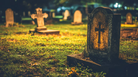 A haunting graveyard at night features a prominent tombstone with an illuminated cross. The eerie atmosphere highlights overgrown grass and shadows.の素材