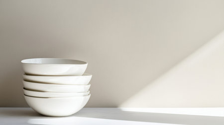 A set of five stacked white bowls arranged on a minimalist surface, showcasing soft shadows that highlight their elegant curves and modern design.の素材
